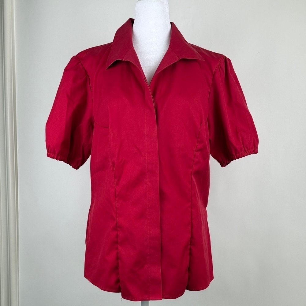 Chico's Red Sateen No Iron Puff Sleeves Button Front Shirt Top Blouse Sz 3 (XL)